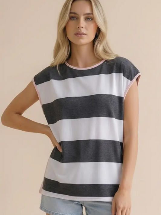 Round Neck Stripe Terry Top