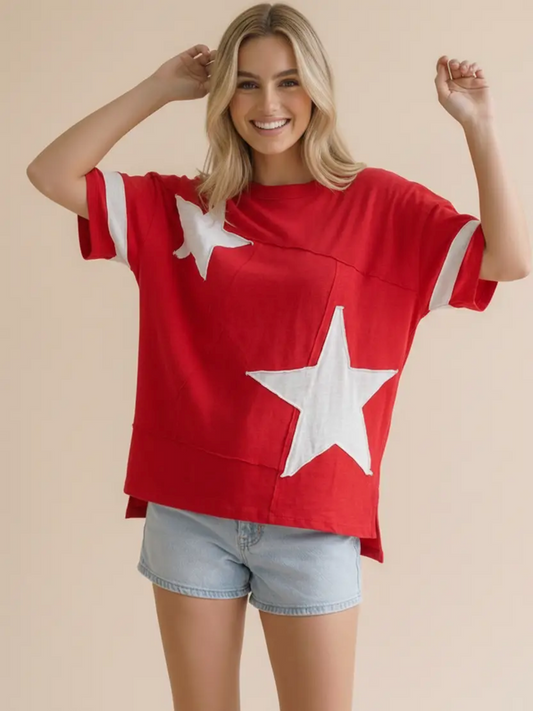 Star Patchwork Slub Knit Top Curvy