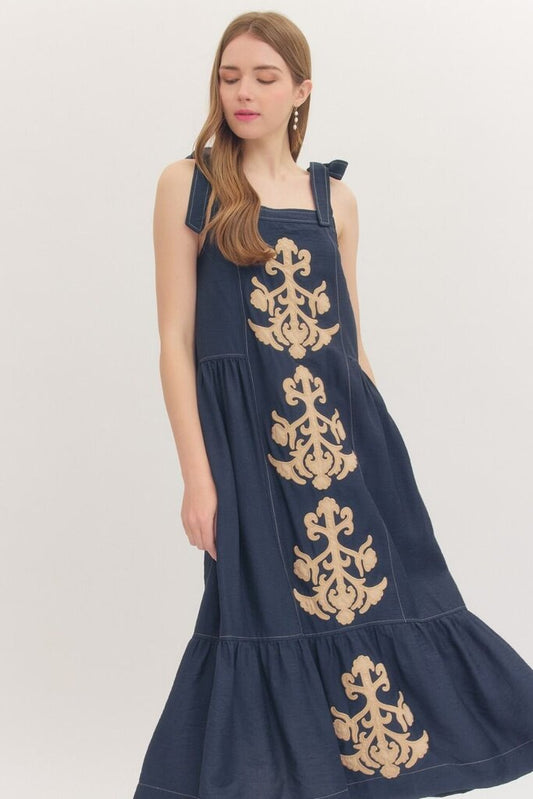 Navy Maxi Sundress with Embroidered Detail