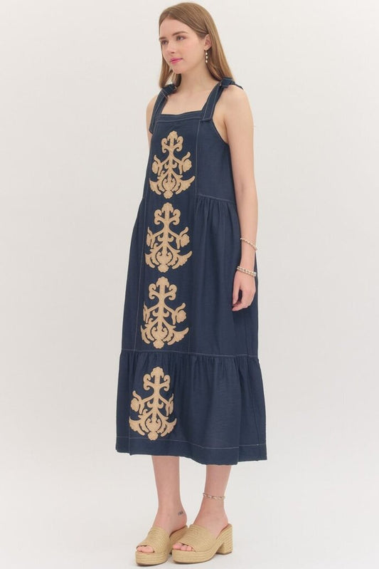 Navy Maxi Sundress with Embroidered Detail