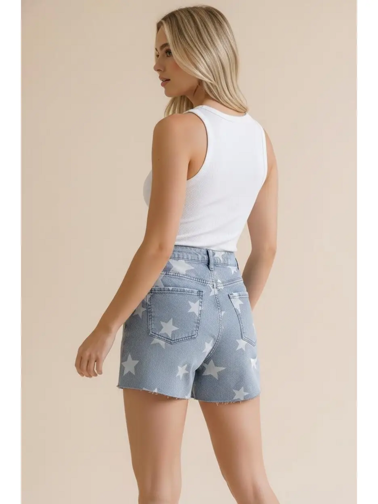 Star Print Denim Shorts