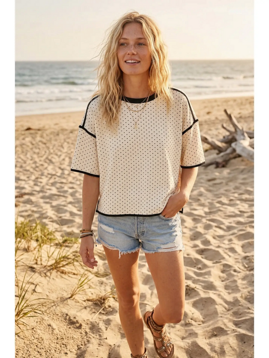 Polka Dot Contrast Trim Top