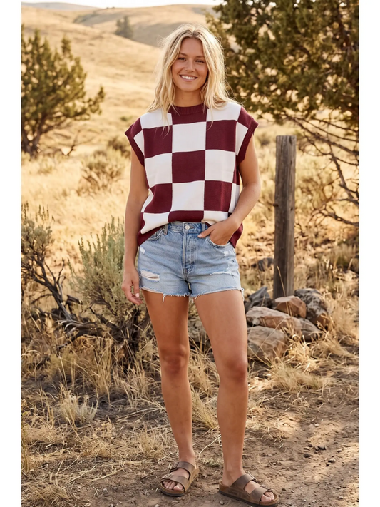 Burgundy Checkered Knit Sleeveless Top