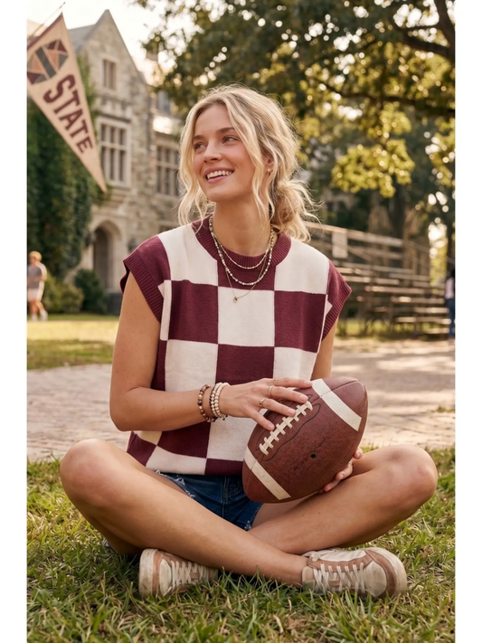 Burgundy Checkered Knit Sleeveless Top