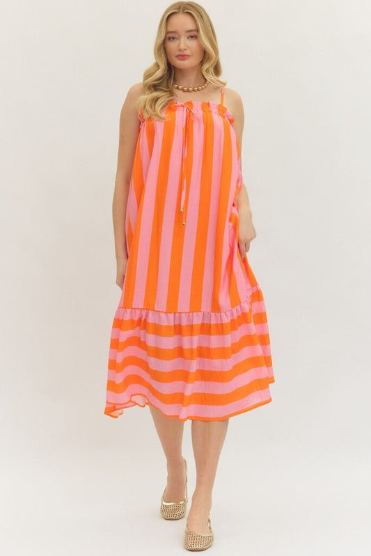 Pink & Orange Stripe Midi Dress