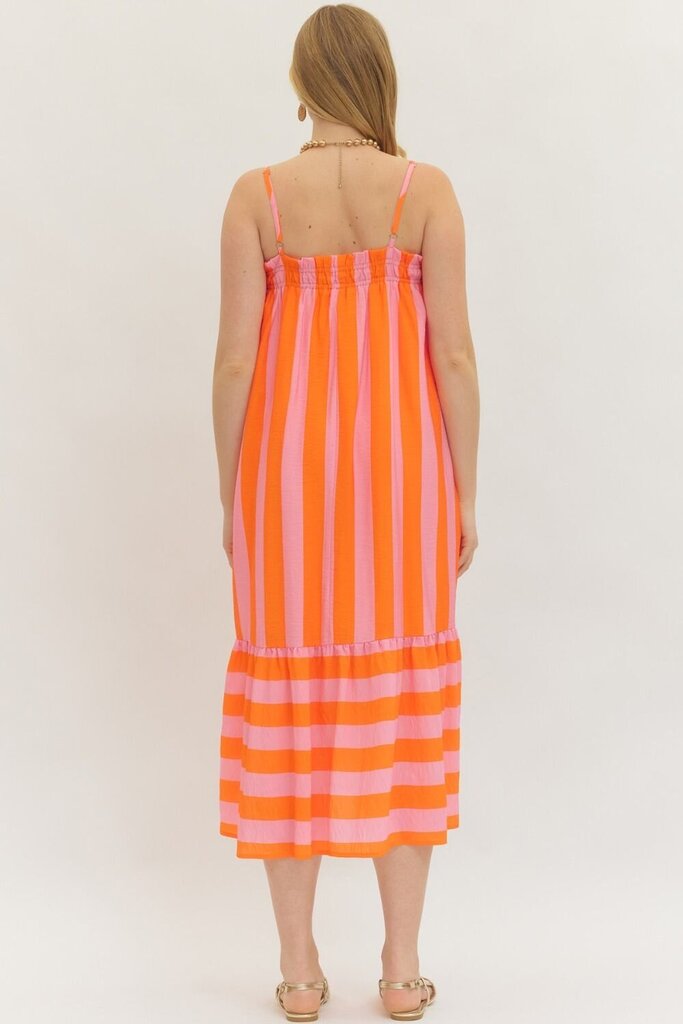 Pink & Orange Stripe Midi Dress