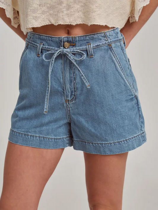 High Rise Denim Shorts W/Tie Strap