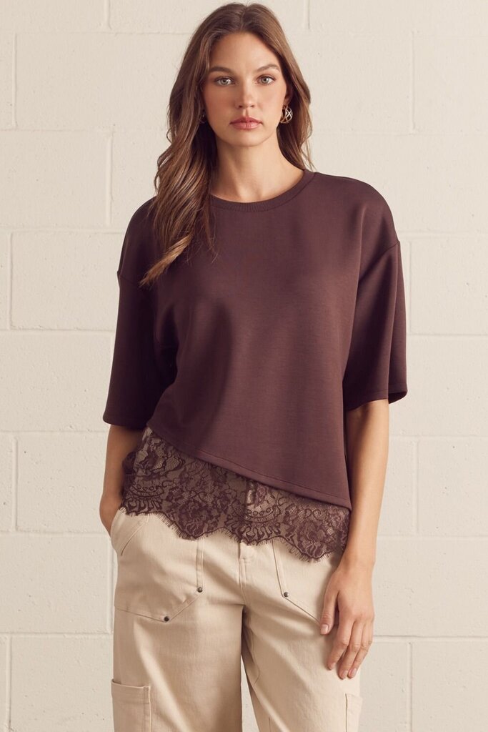 Brown Top with Lace Trim