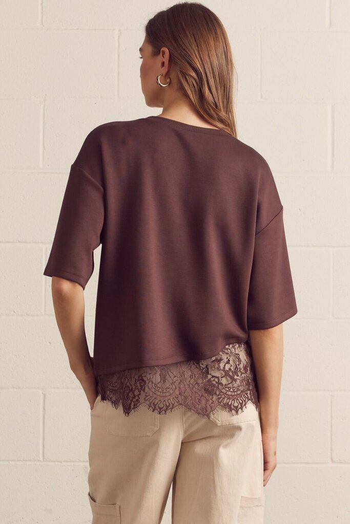 Brown Top with Lace Trim