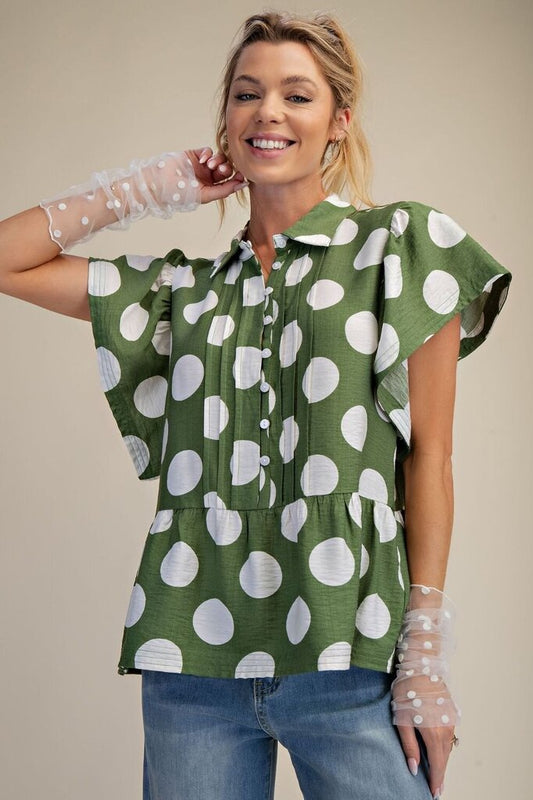 S/S Green Polka Dot Blouse
