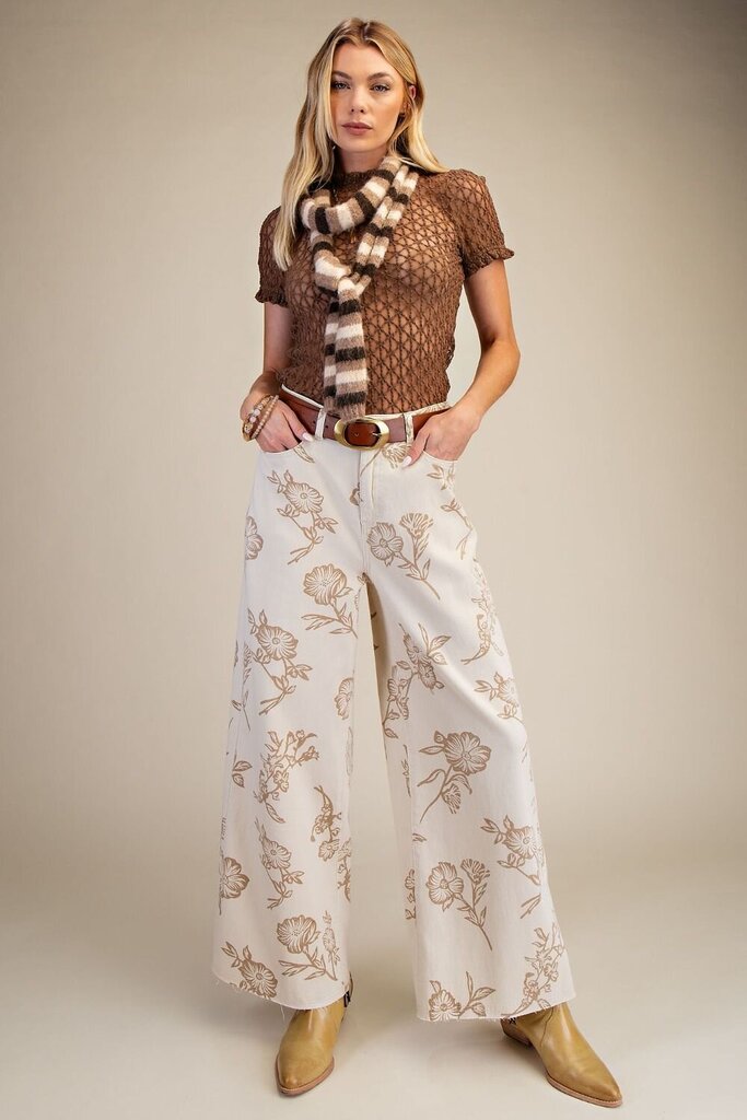 Ecru Floral Printed Pants