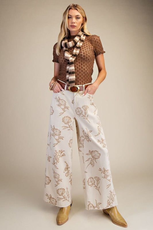 Ecru Floral Printed Pants