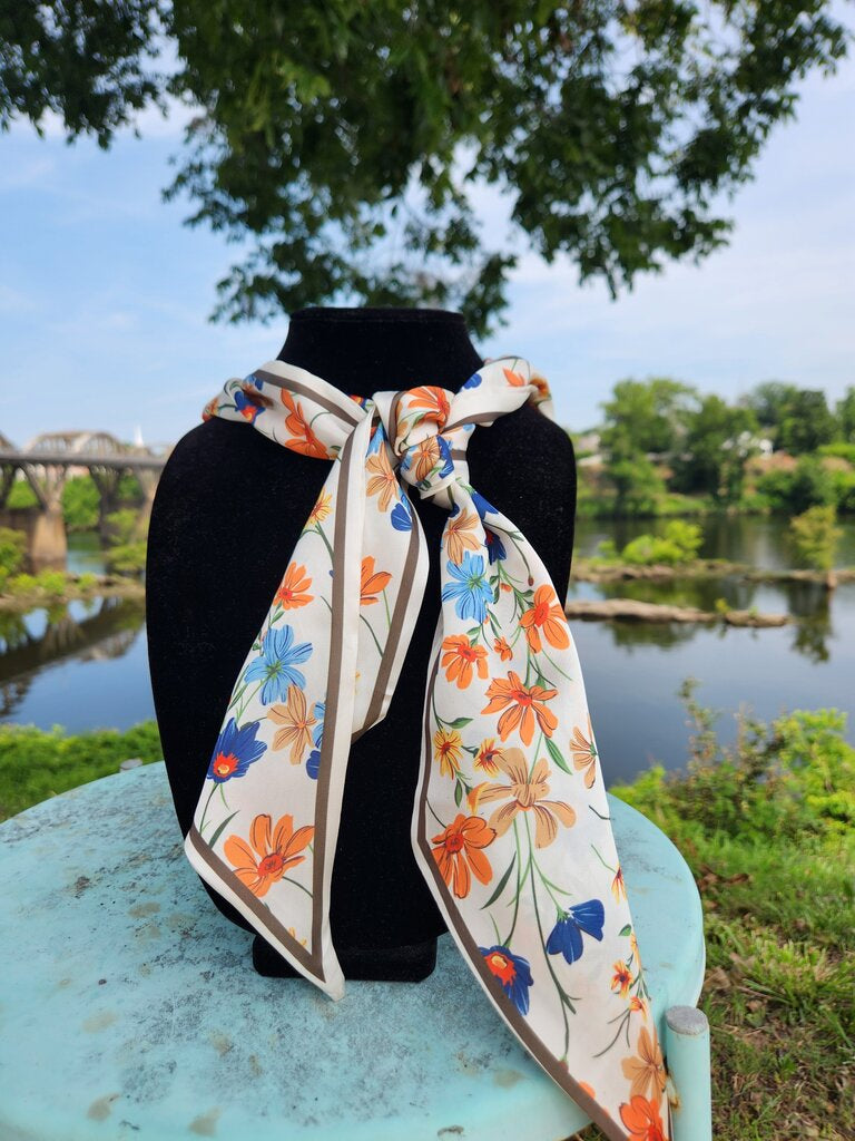 Flower Print Twilly Scarf- Ivory/Multi