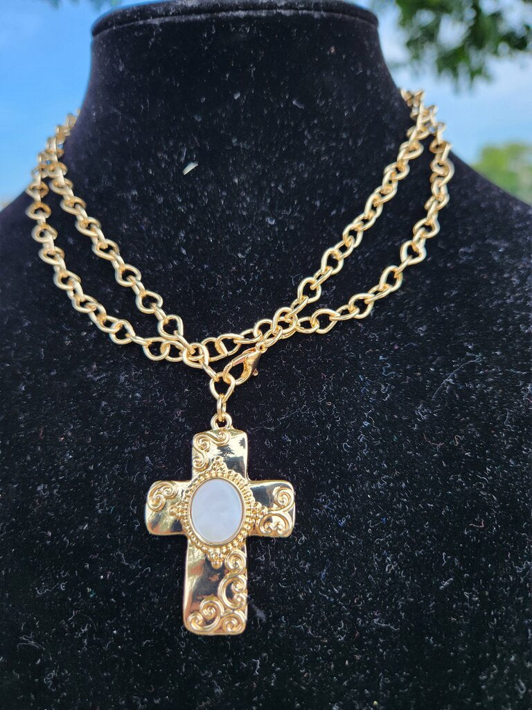 Layered MOP Baroque Cross Multi Way Necklace- Gold