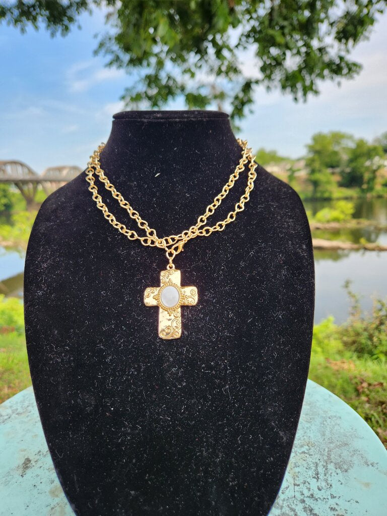 Layered MOP Baroque Cross Multi Way Necklace- Gold