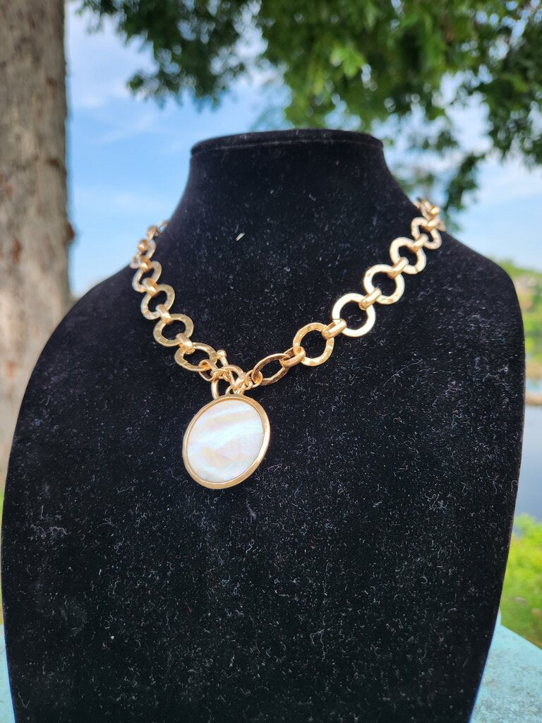 Glass Round Pendant Necklace- MOP/Gold