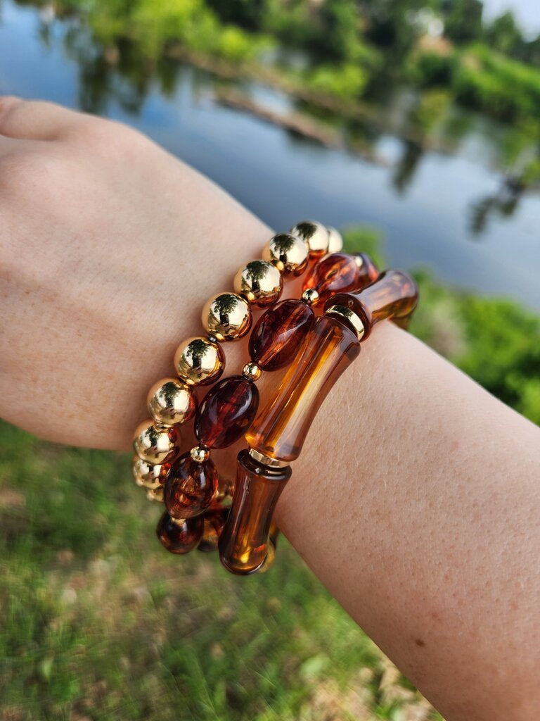 3 Row Marble Bamboo Style & CCB Ball Bracelet- Turq/GD