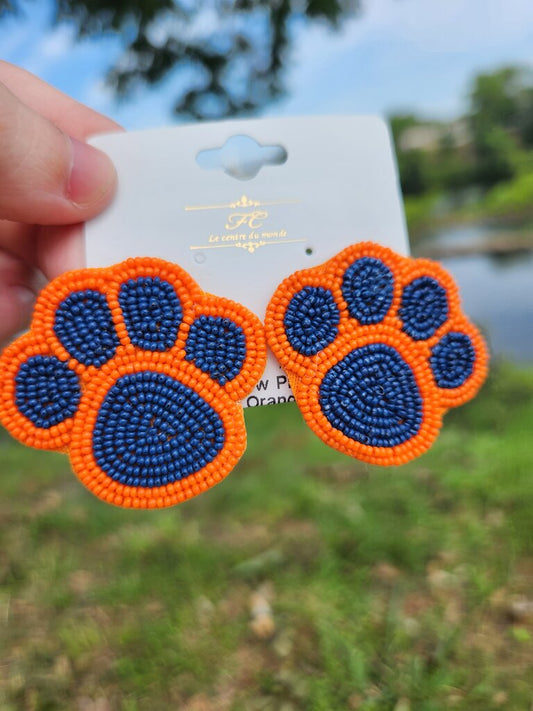 Beaded Paw Print Earrings- Orange/Navy
