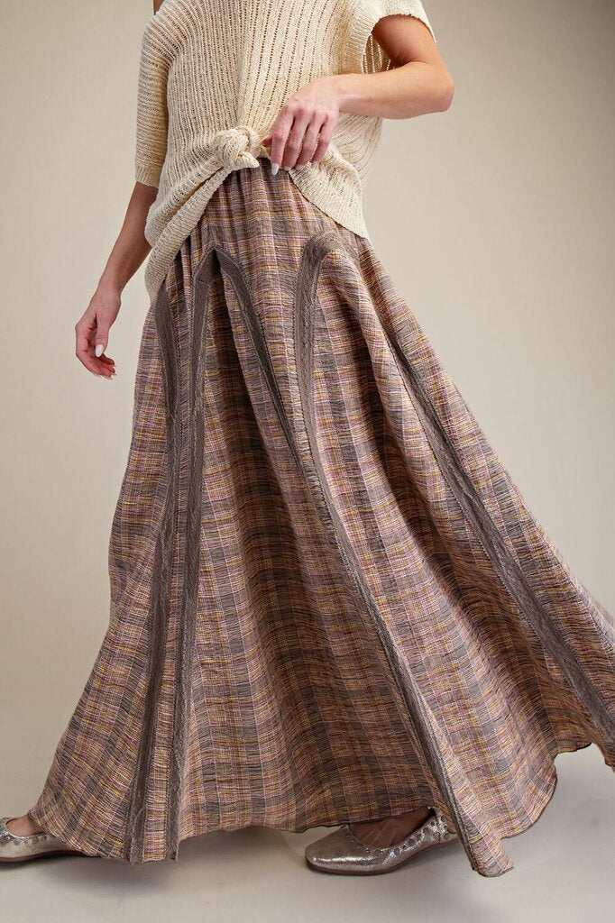 Plaid Lace Trim Maxi Skirt
