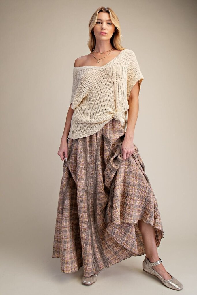 Plaid Lace Trim Maxi Skirt
