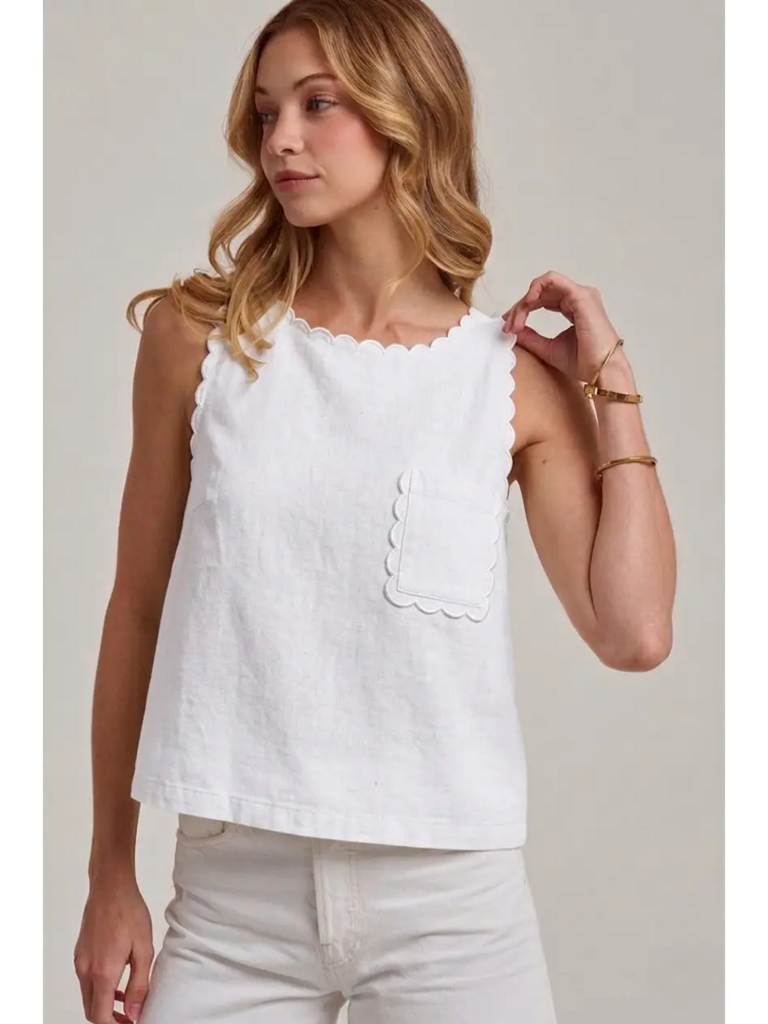 Sleeveless Denim Top w/Scalloped Edge (White)