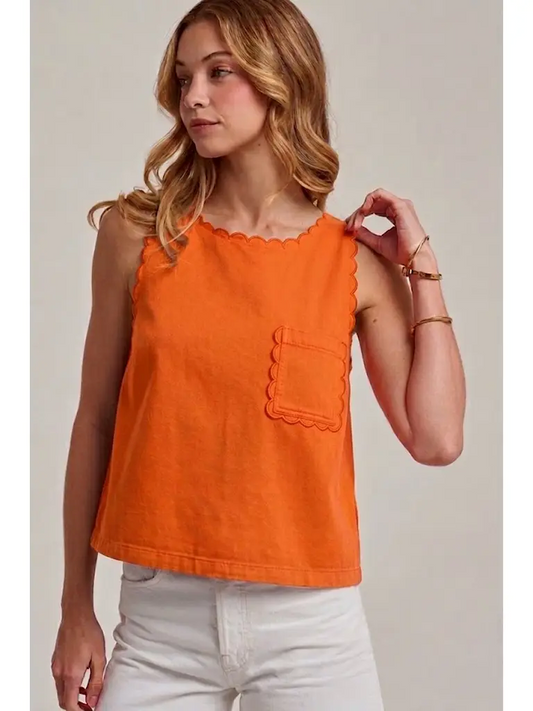 Sleeveless Denim Top w/Scalloped Edge (Orange)