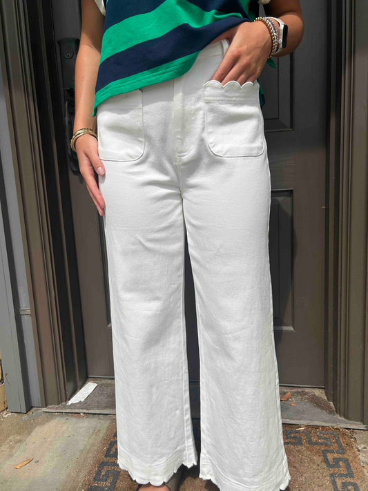 Scalloped Embroidered Hem Pants W/front & Back Pockets, High-Rise