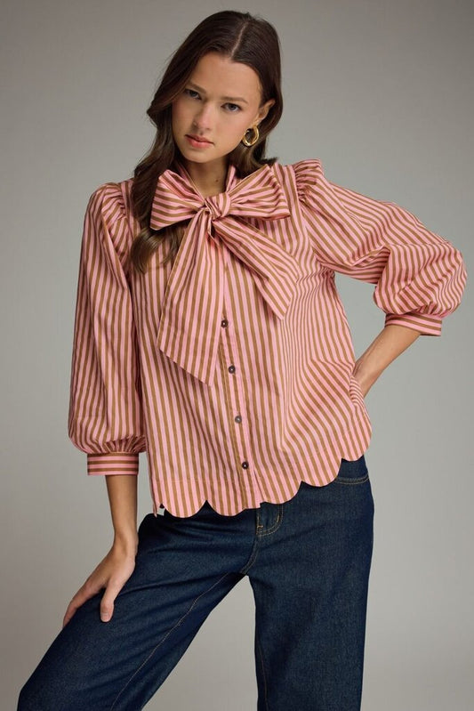 Stripe Tie Neck Blouse w/Scallop Detail