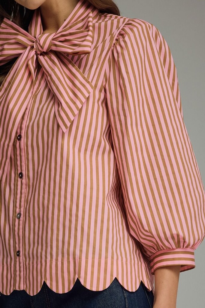 Stripe Tie Neck Blouse w/Scallop Detail