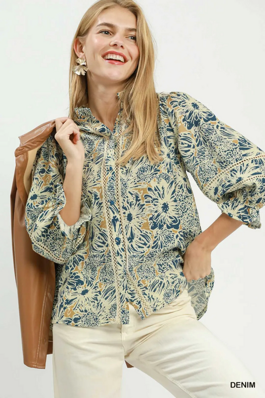 Floral Button Down with Lace Trim- Curvy