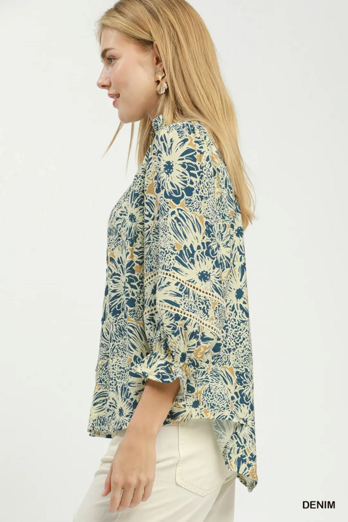 Floral Button Down with Lace Trim- Curvy