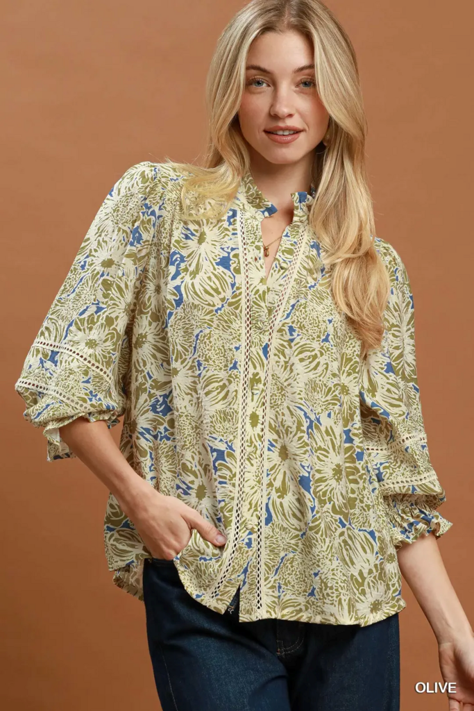 Floral Button Down with Lace Trim