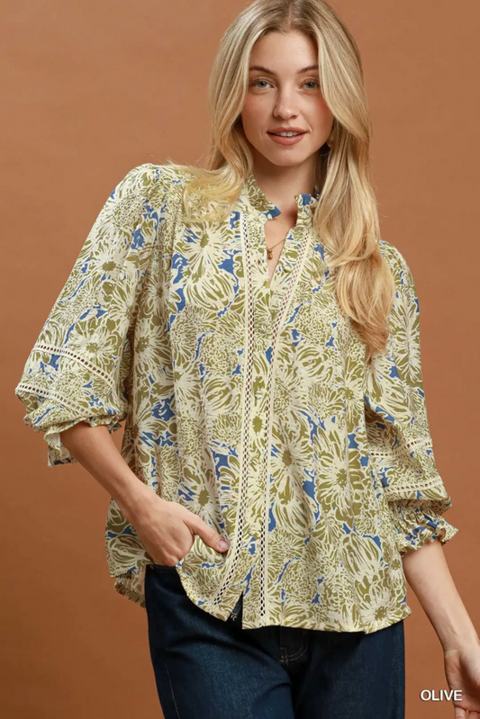 Floral Button Down with Lace Trim