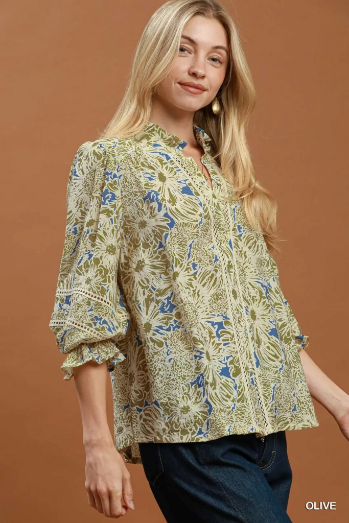 Floral Button Down with Lace Trim