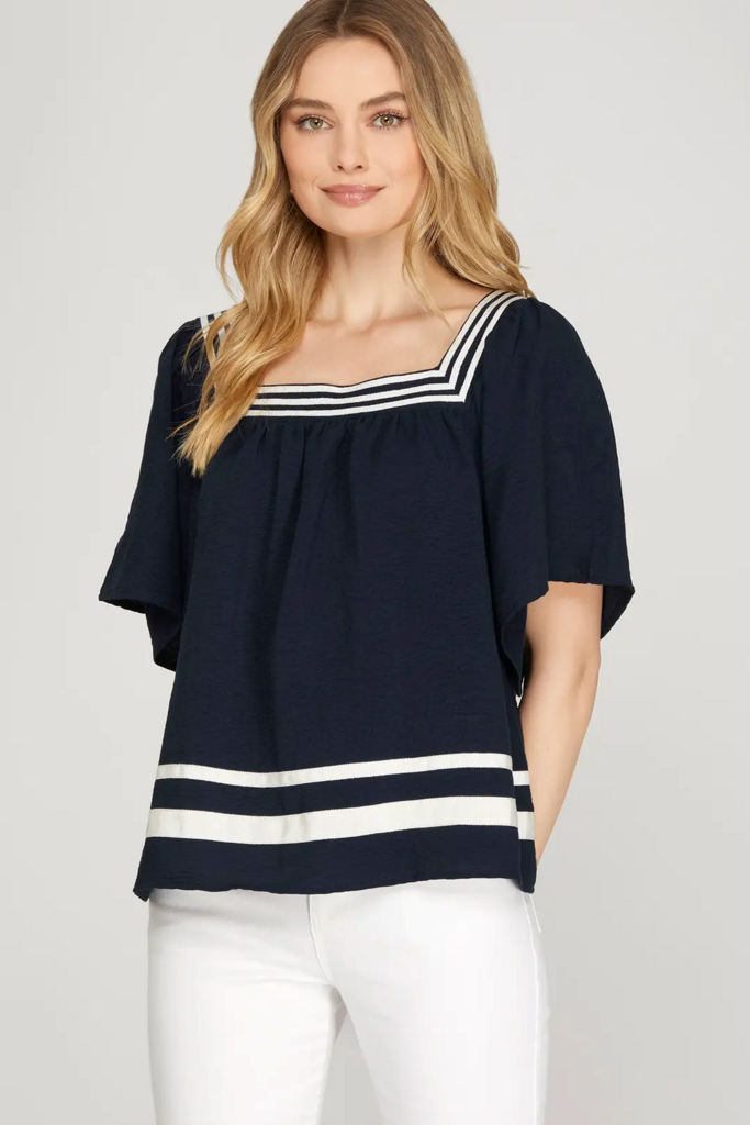Flare Short Sleeve Square Neck Top NAVY