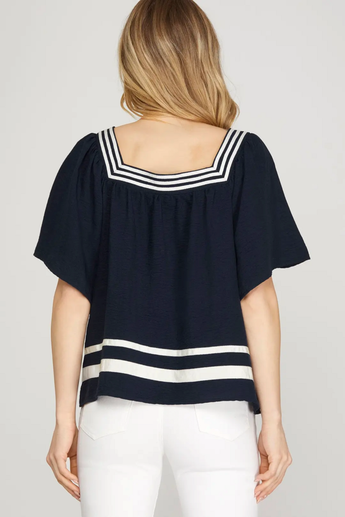 Flare Short Sleeve Square Neck Top NAVY