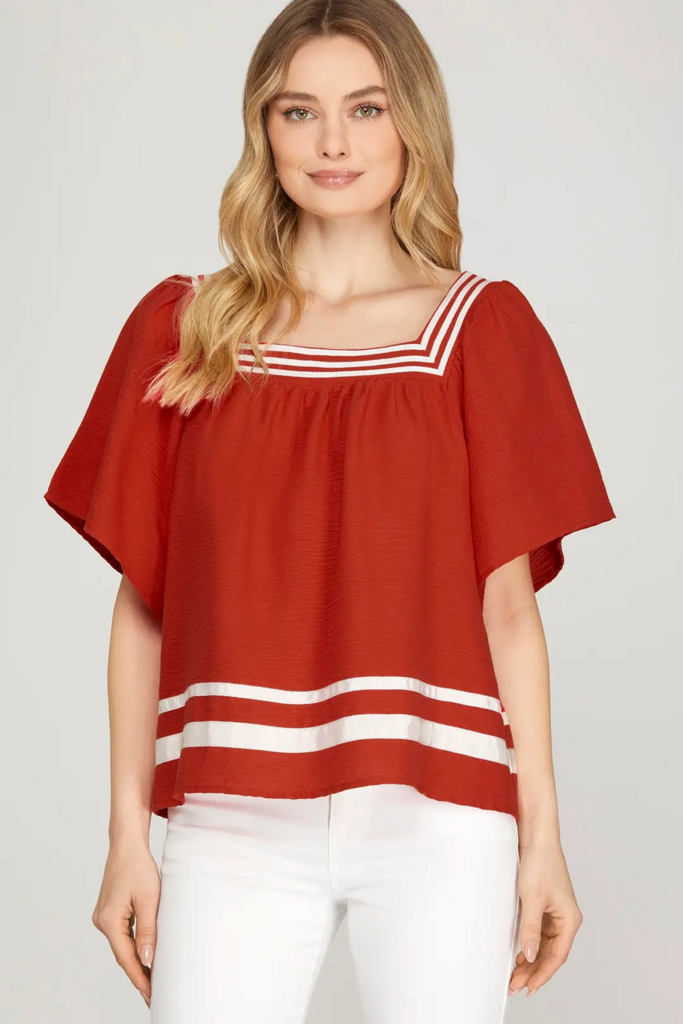 Flare Short Sleeve Square Neck Top RED