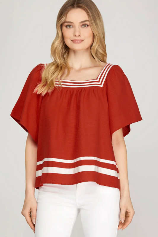 Flare Short Sleeve Square Neck Top RED