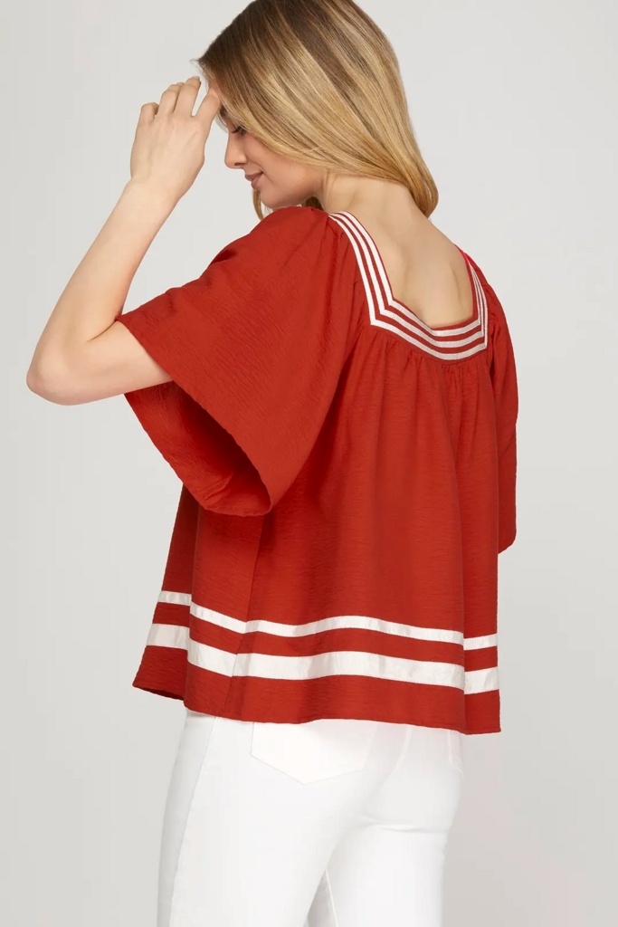 Flare Short Sleeve Square Neck Top RED
