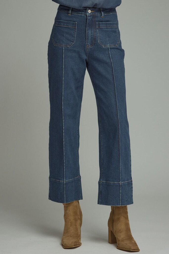 Denim pants w/front seam detail and wide hem band