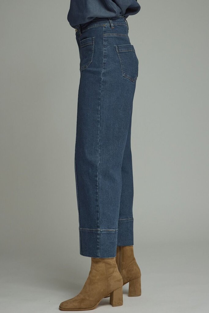Denim pants w/front seam detail and wide hem band