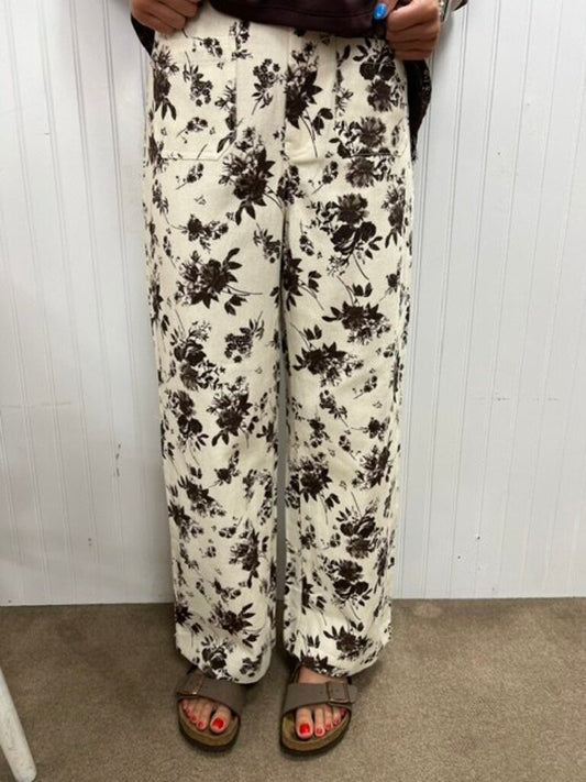Brown Floral Detail Ecru Pants