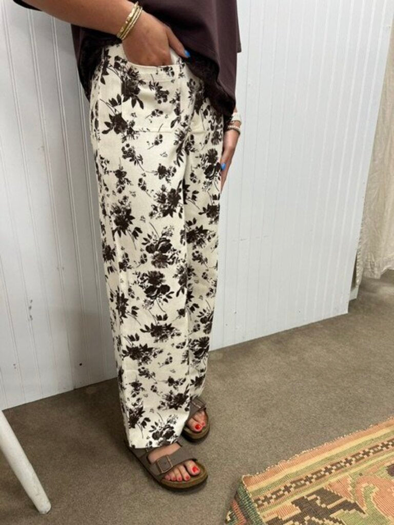Brown Floral Detail Ecru Pants