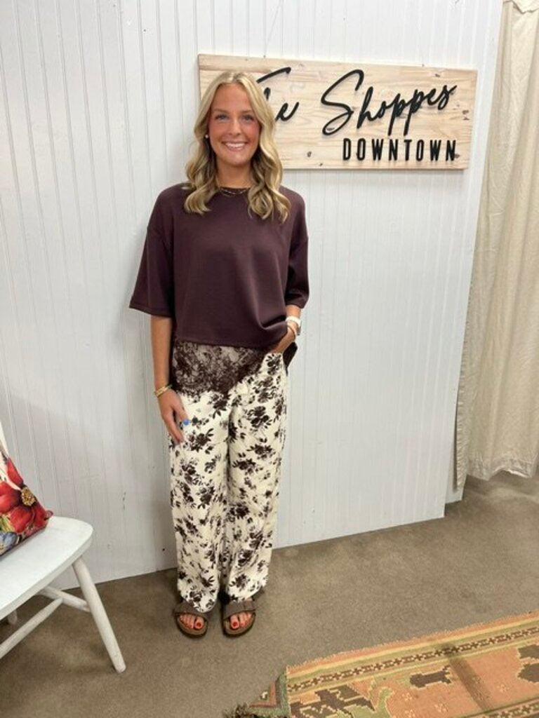 Brown Floral Detail Ecru Pants