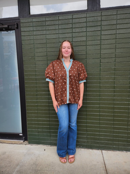 Blue Trim Polka Dot Blouse