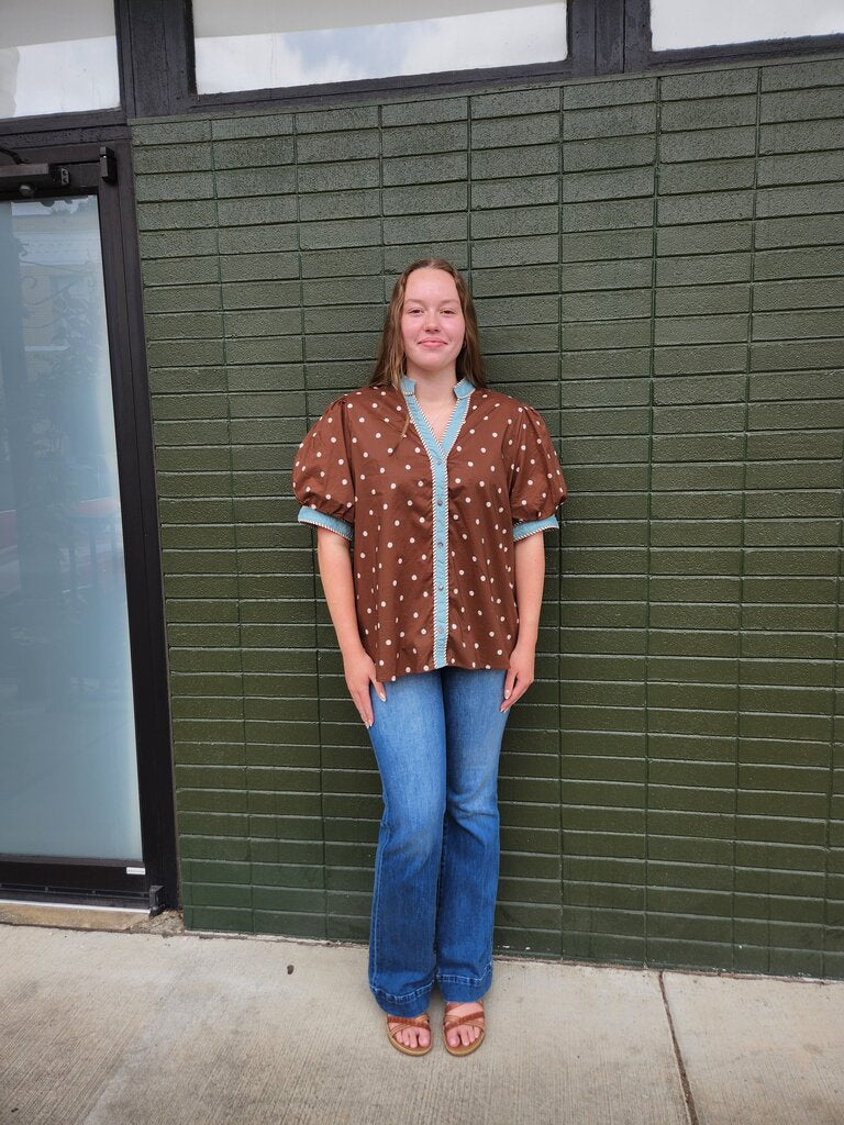 Blue Trim Polka Dot Blouse