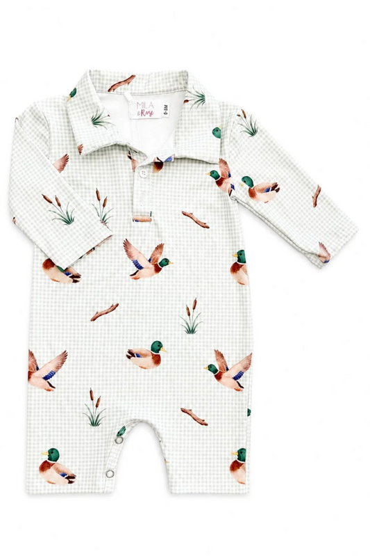 A long-sleeve baby romper in a white and light green gingham pattern, featuring a watercolor print of mallards and reeds. The romper has a snap-button placket at the collar and is shown flat against a white background.