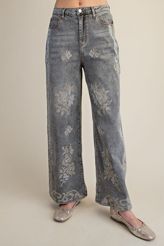 Floral Embroidered Stone-Washed Denim Pants