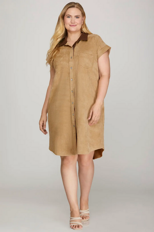 S/S Button Down Twill Suede Mini Dress