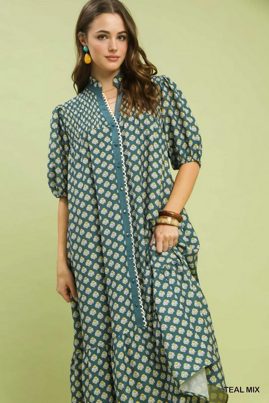 Floral Print Button Down Midi Dress
